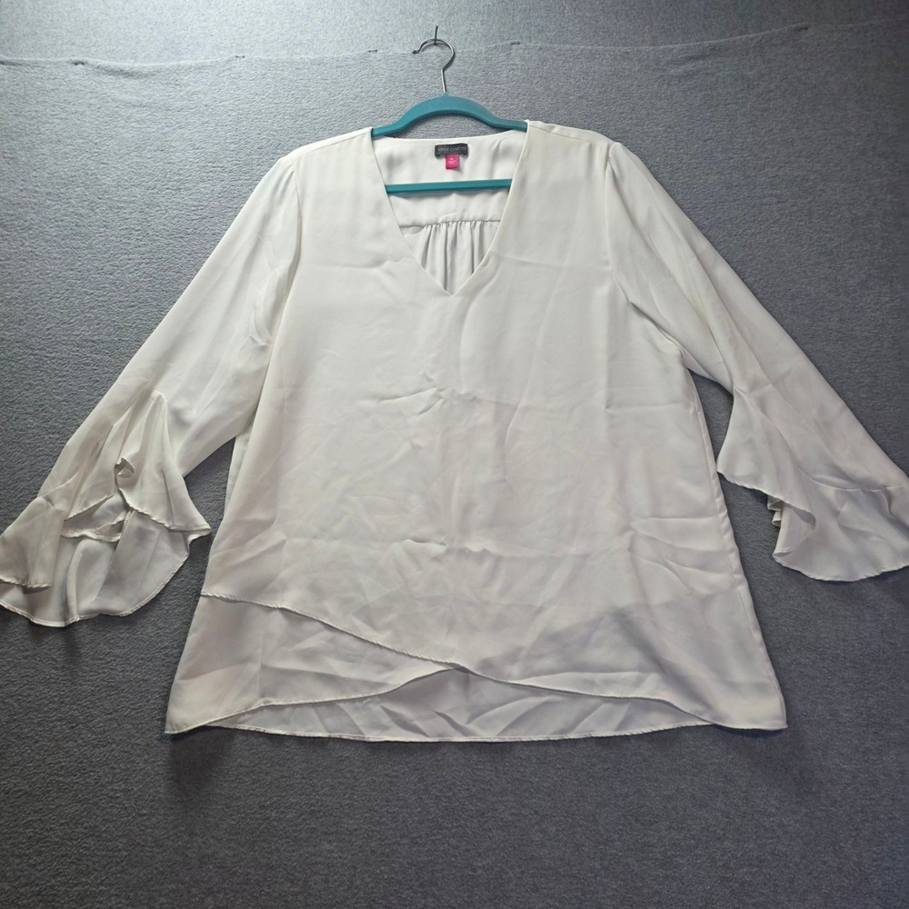Vince Camuto Blouse Ruffle Bell Sleeve Womens XL Ivory Layered Hem V Neck Flowy